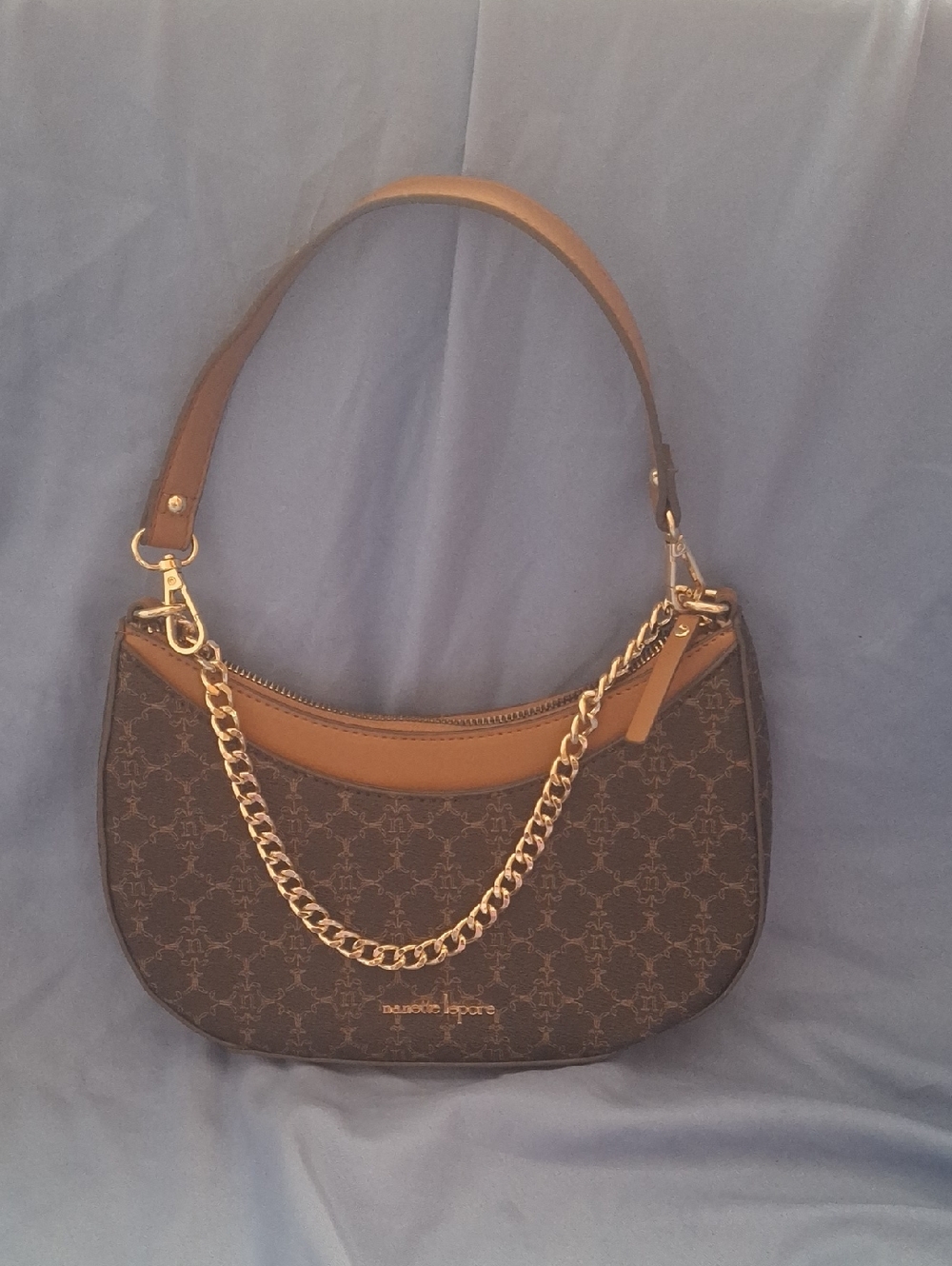 Nanette Lepore Brown Monogram Shoulder Bag with Gold Chain